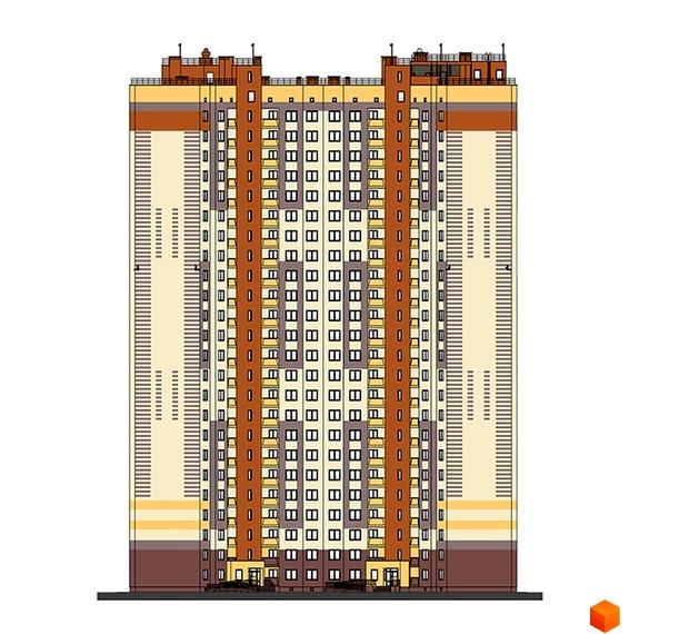Зовнішній вигляд новобудови ЖК Еврика. Багатоповерховий будинок з численними вікнами та балконами, виконаний у світлих тонах з коричневими та помаранчевими акцентами.