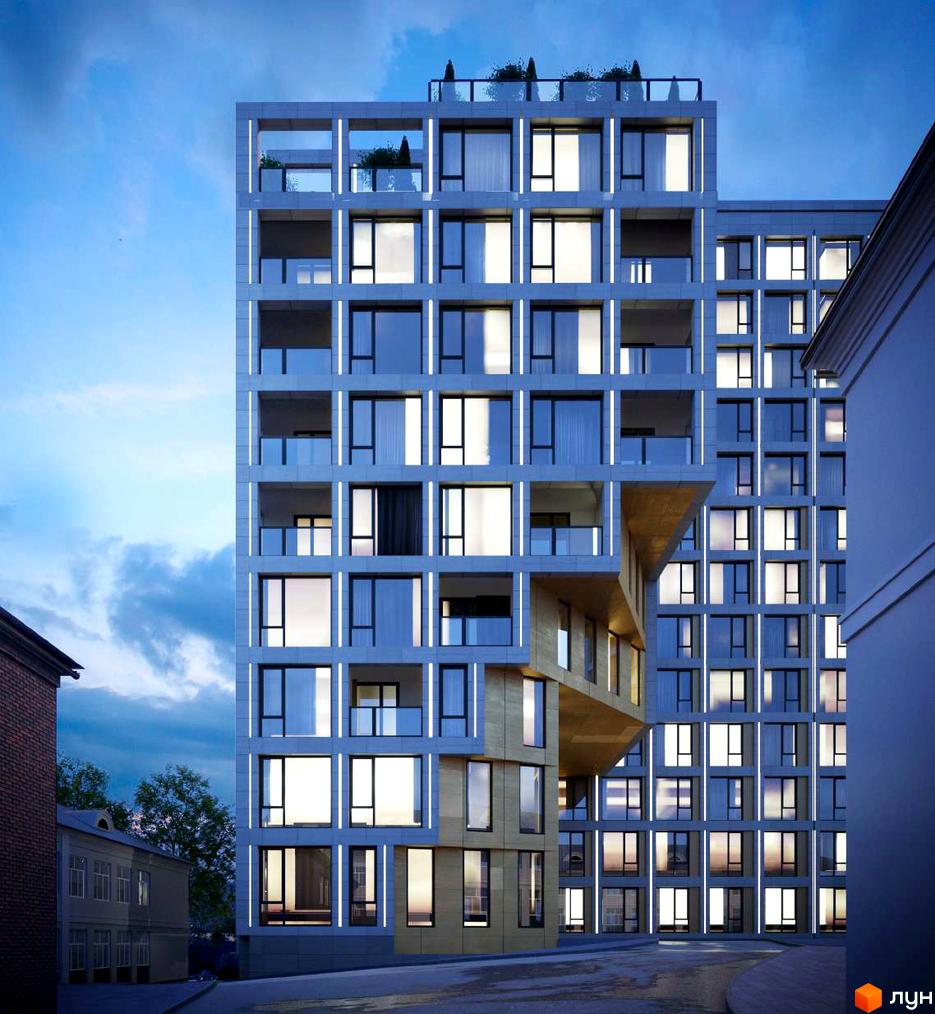 Багатоповерховий будинок Житлового комплексу CENTOWER з великими вікнами та підсвіченими вертикальними лініями на фасаді. Частина фасаду виконана в золотистому кольорі, перед будинком дорога.