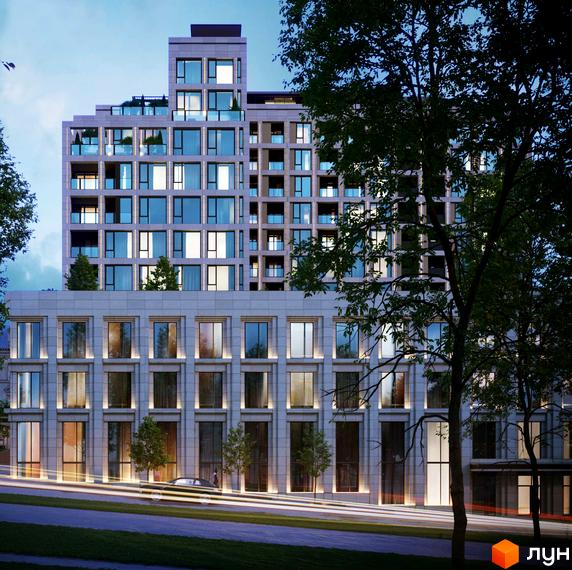 Житловий комплекс CENTOWER: багатоповерховий будинок з панорамними вікнами та підсвіченим фасадом ввечері, поруч дорога та дерева.