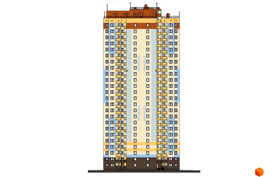 Фасад житлового комплексу Еврика з численними балконами та вікнами, виконаний у світлих тонах з акцентами блакитного та помаранчевого кольорів. Будинок має чітку вертикальну структуру з центральною частиною.