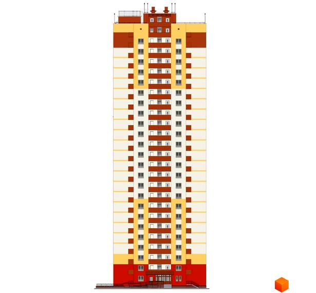 Фасад житлового комплексу Еврика: висотна будівля з червоно-жовтими та білими секціями, численними вікнами та балконами. Будинок має чітку вертикальну структуру з контрастними кольоровими елементами.