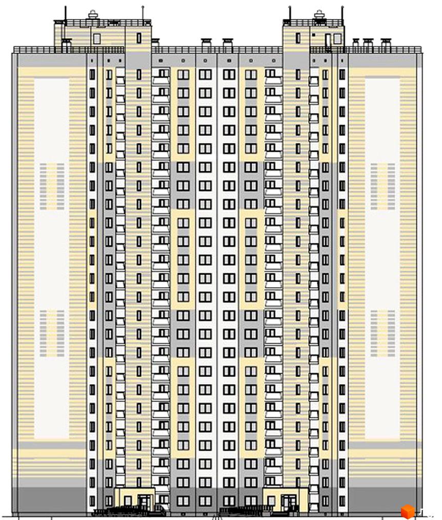 Фасад житлового комплексу Еврика з численними вікнами та балконами. Будинок має багатоповерхову структуру з сірими та жовтими елементами фасаду.
