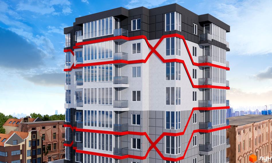 Житловий комплекс Панда з червоними декоративними елементами на фасаді. Будинок має багато вікон та балконів, вигляд збоку.