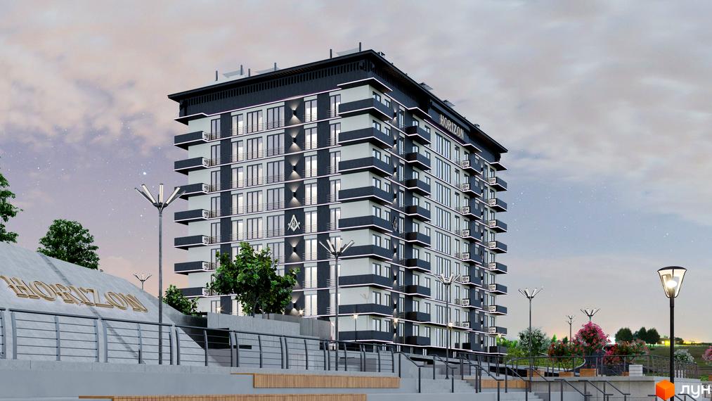 Зображення фасаду багатоповерхового будинку в Житловому комплексі Horizon. Навколо будинку розташована прибудинкова територія.