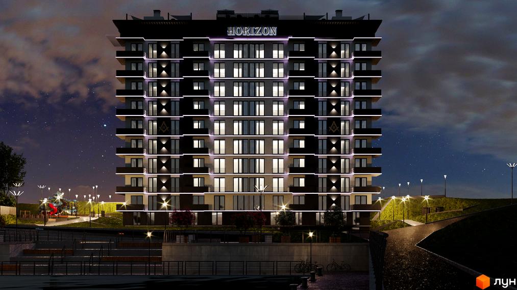 Зображення фасаду ЖК Horizon з підсвіткою та балконами. Навколо будинку облаштована прибудинкова територія з освітленням.