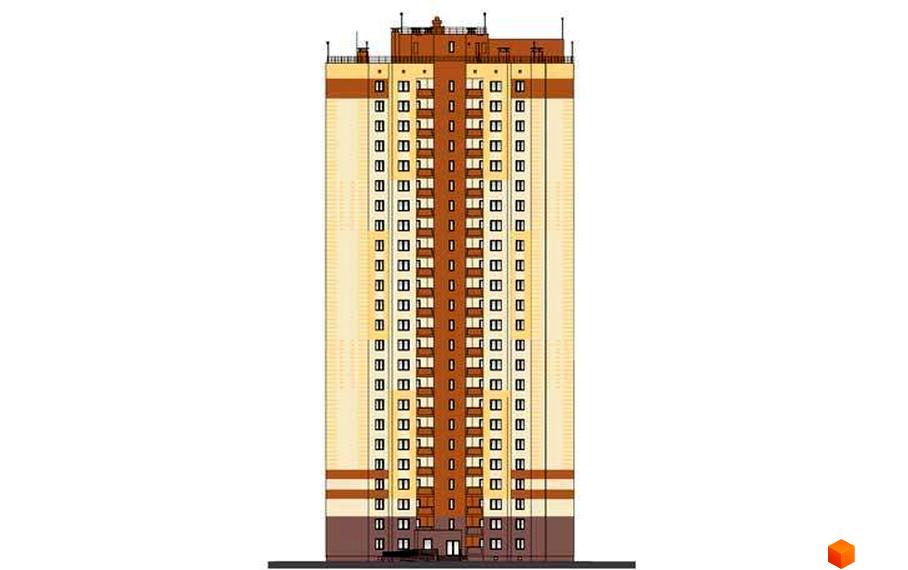 Фасад житлового комплексу Еврика - висотна будівля з двоколірним оздобленням та численними вікнами. На верхніх поверхах видно елементи даху та антени.