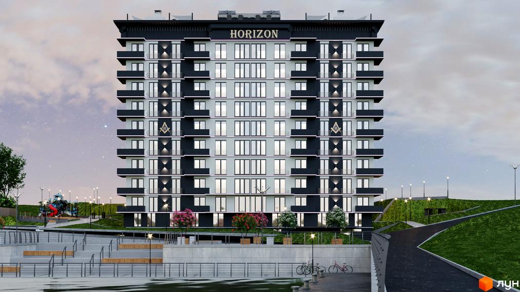 Новобудова Горизонт з контрастним фасадом та балконами. Навколо облаштована набережна, дитячий майданчик та зелені пагорби.