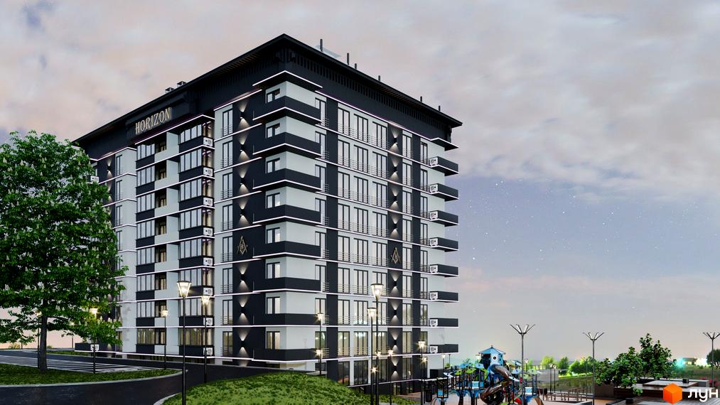 Зображення фасаду та прибудинкової території Житлового комплексу Horizon. Багатоповерхова будівля з дитячим майданчиком.