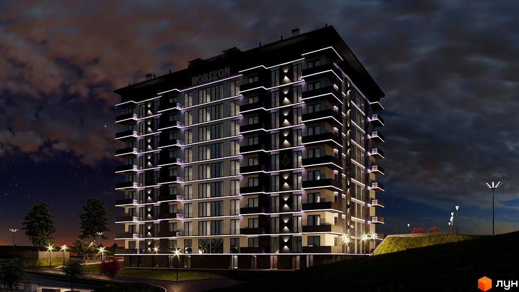 Житловий комплекс Горизонт: багатоповерховий будинок з темним фасадом, підсвічуванням та балконами, на тлі нічного неба з освітленою прибудинковою територією.
