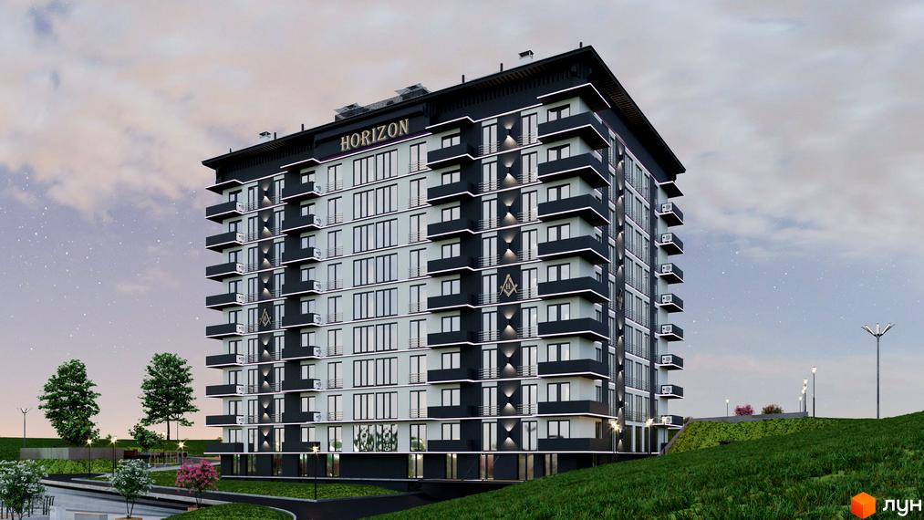 Зображення фасаду та прибудинкової території Житлового комплексу Horizon. Багатоповерховий будинок з балконами та великими вікнами.