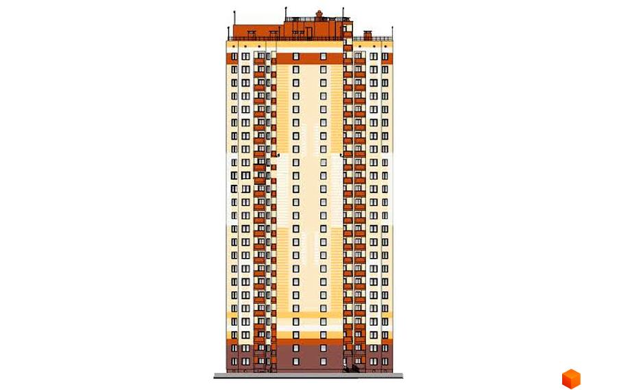 Фасад житлового комплексу Еврика, висотна новобудова з численними вікнами та балконами, виконана в світлих тонах з оранжевими та жовтими акцентами.