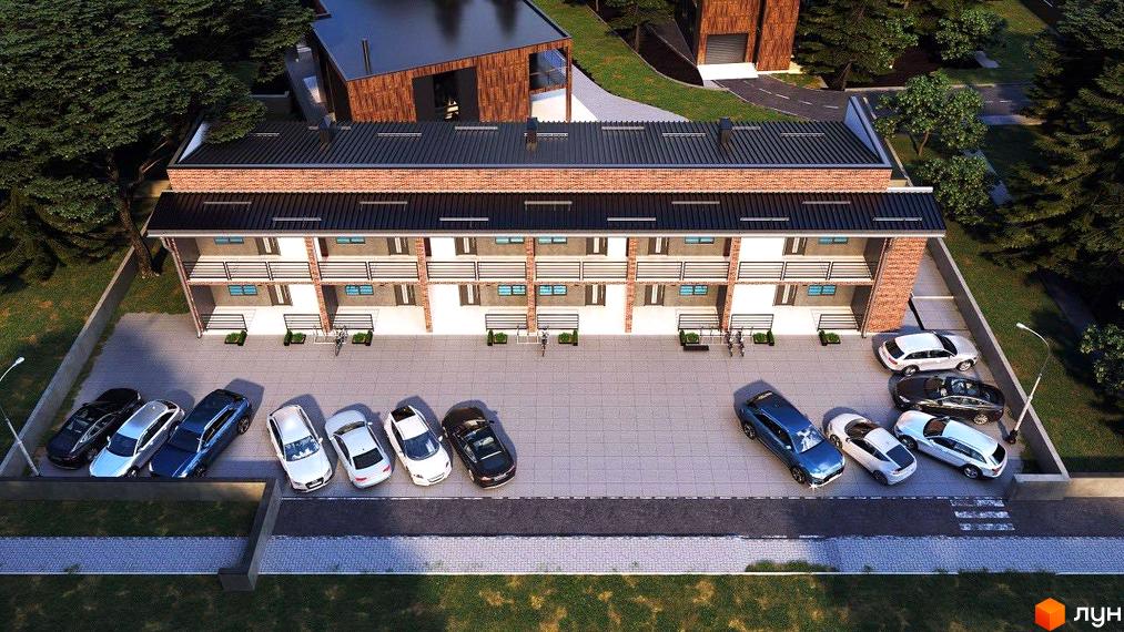 Зовнішній вигляд клубного житлового комплексу Sun City з парковкою та зеленими насадженнями. Сучасна архітектура новобудови з балконами та цегляним фасадом.