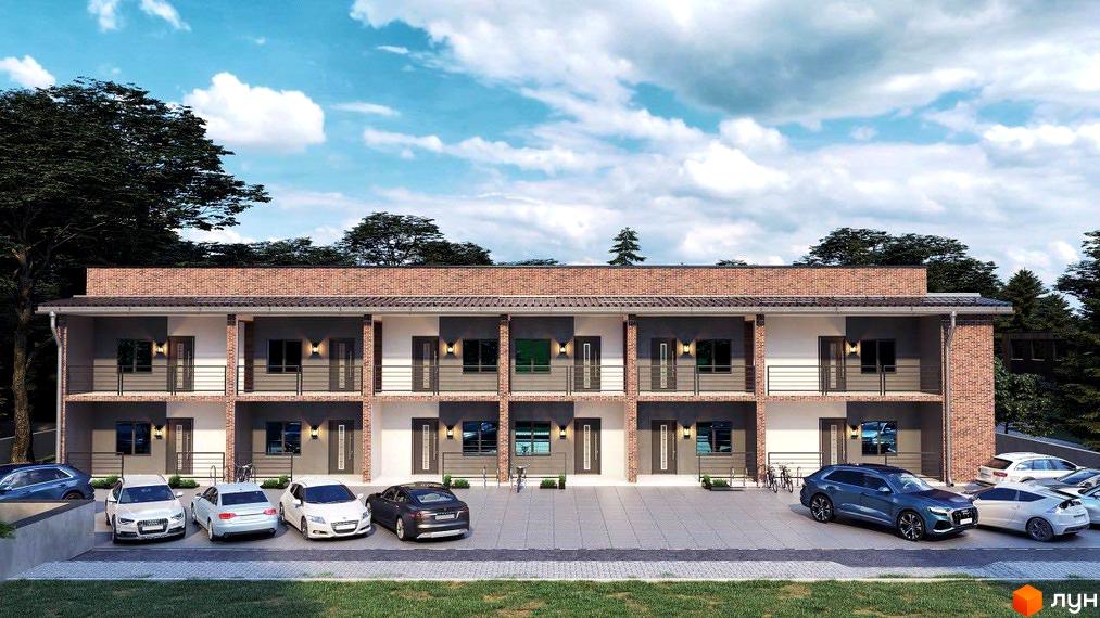 Зовнішній вигляд клубного житлового комплексу Sun City з паркуванням та автомобілями. Будівля має цегляний фасад та балкони.