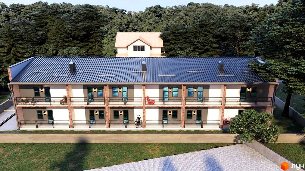 Зовнішній вигляд клубного будинку ЖК Sun City з балконами та вікнами, оточеного деревами. Прибудинкова територія з газоном та доріжками.