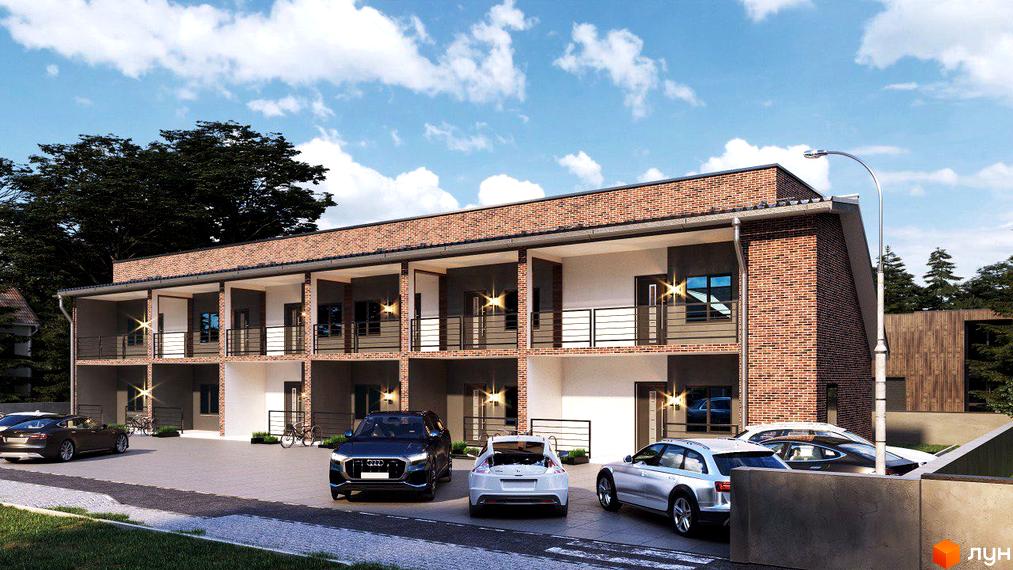 Двоповерховий будинок з цегляним фасадом та балконами. На території житлового комплексу Sun City Клубний є парковка для автомобілів та зелені насадження.