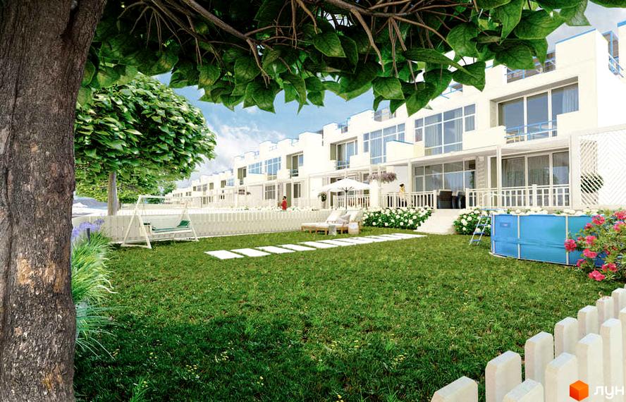 Таунхауси Lake City з білим парканом, зеленим газоном, гойдалкою та басейном. Зовнішній вигляд будинків з великими вікнами та балконами.