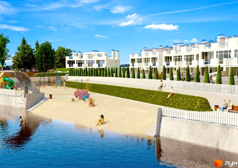 Lake City - Новобудова з білими будинками та терасами біля пляжу. На території є дитячий майданчик, зелені насадження та місця для відпочинку.