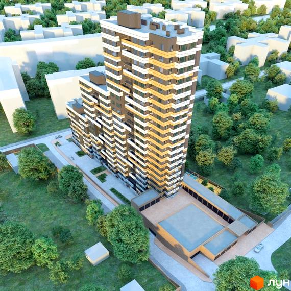 Висотна будівля Житловий комплекс Затишний-2 з фасадом у світлих та темних тонах. На прибудинковій території є зелені насадження та парковка.