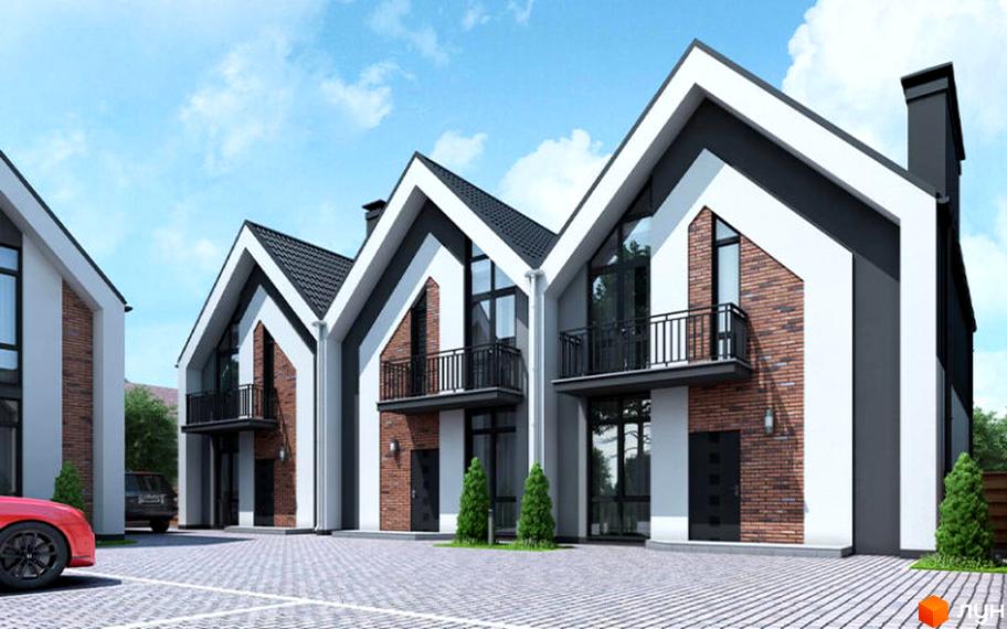 Котеджне містечко Garden House 2: триповерхові будинки з цегляними фасадами та балконами. Прибудинкова територія з парковкою та зеленими насадженнями.