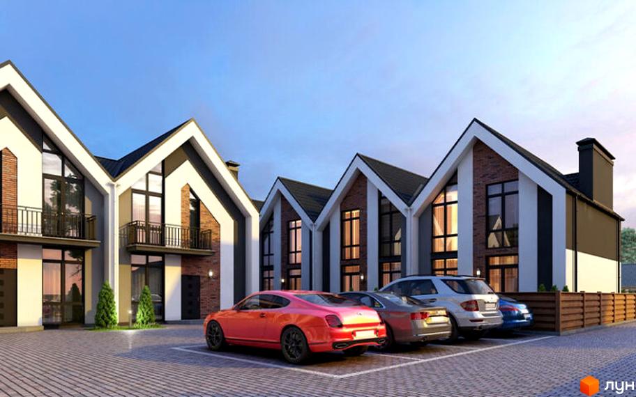 Зображення сторінки житлового комплексу КМ Garden House 2. Будинки з білими фасадами, великими вікнами та чорними дахами. На території припарковані автомобілі.