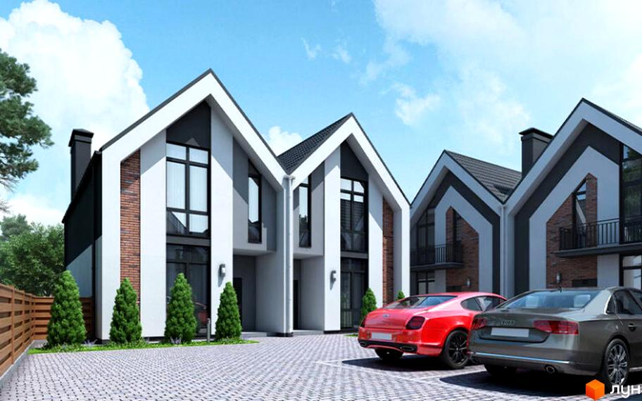 Котеджне містечко Garden House 2: будинки з білими фасадами, панорамними вікнами та червоною цеглою. На території бруківка та парковка з автомобілями.