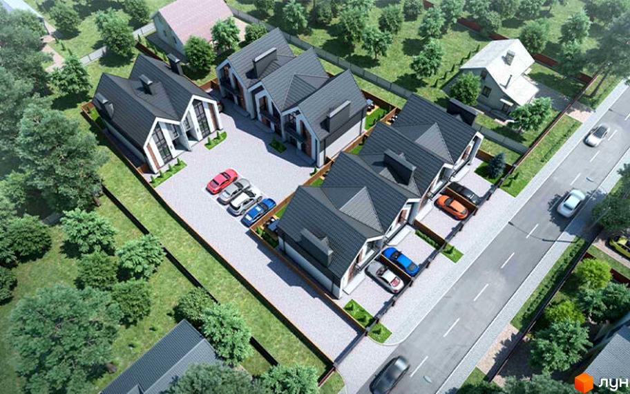 Котеджне містечко Garden House 2. Малоповерхова забудова з будинками з темною покрівлею та паркомісцями на території. Навкруги зелені насадження та дорога.