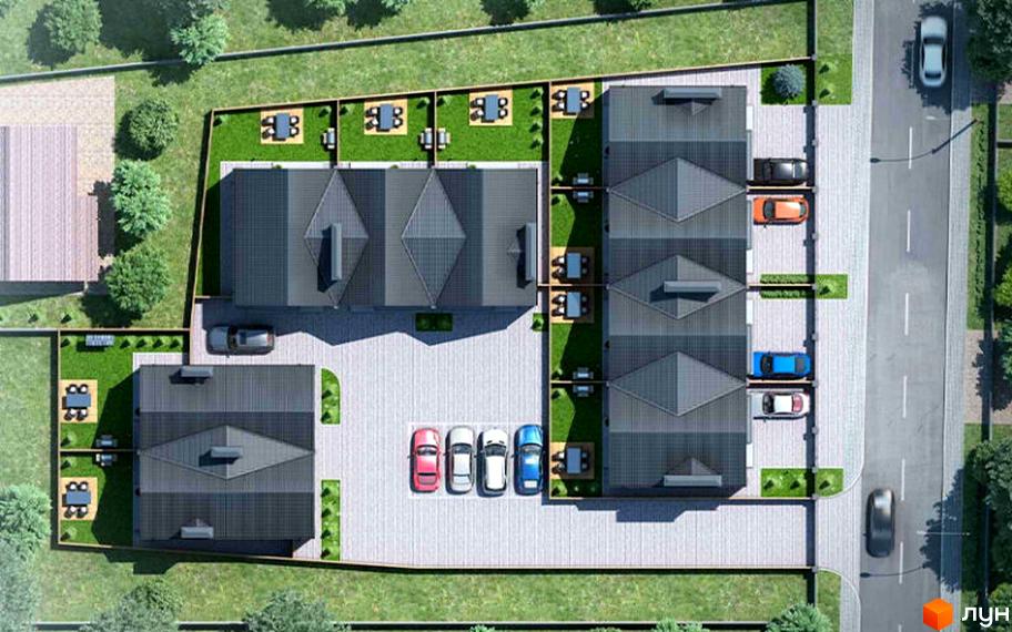 Вигляд з висоти на Котеджне містечко Garden House 2. Малоповерхові будинки з сірими дахами, паркування та зелені зони з місцями для відпочинку.