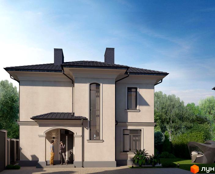 Котеджне містечко КМ Будинки на Ковалевського. Фасад будинку з двома димарями, арковим входом та великим вікном. Навколо зелена територія з газоном та деревами.