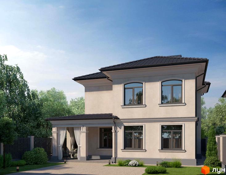 Котеджне містечко Будинки на Ковалевського: двоповерховий будинок світлого кольору з темним дахом, вікнами та навісом з білими шторами. Навколо будинку зелені насадження та доглянута прибудинкова територія.