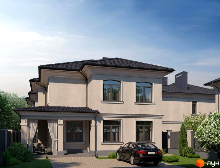 Котеджне містечко КМ Будинки на Ковалевського. Зовнішній вигляд двоповерхових будинків з темним дахом та прибудинкова територія з автомобілем та зеленими насадженнями.