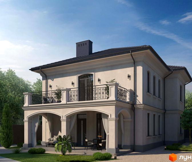 Котеджне містечко КМ Будинки на Ковалевського: двоповерховий будинок з балконом та арковим входом, зелена прибудинкова територія з газоном та деревами.