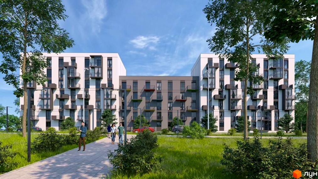 Житловий комплекс Проект Панорама з білими фасадами та балконами, люди йдуть по доріжці, зелена трава та дерева.