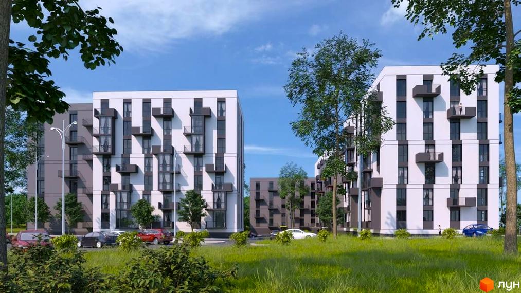 Зовнішній вигляд новобудови ЖК Проект Панорама з сірими та білими фасадами, балконами та вікнами. Прибудинкова територія з деревами та автомобілями.