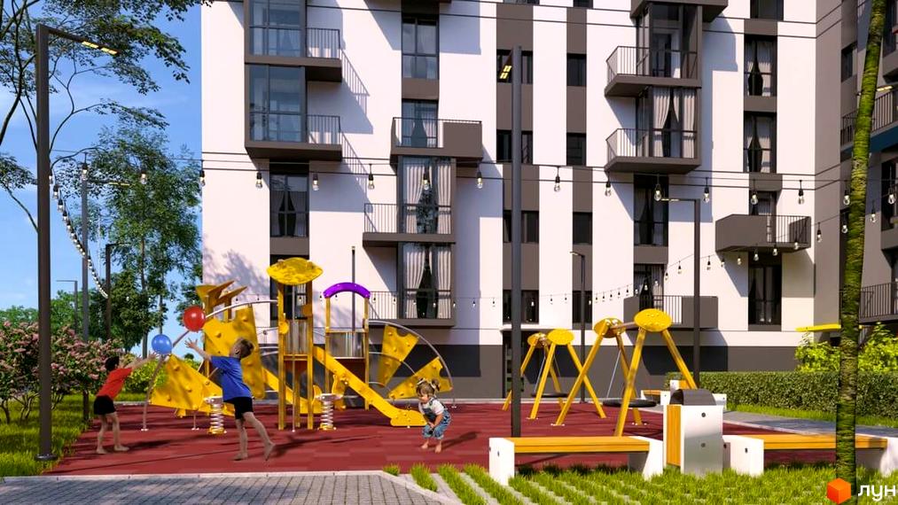 Висотна будівля житлового комплексу з білими та сірими фасадами. На території дитячий майданчик з гірками, гойдалками та дітьми.