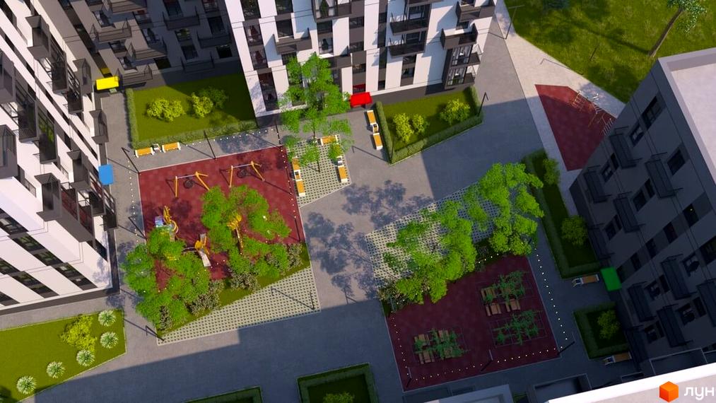 Вид на будівлі Житлового комплексу Проект Панорама з висоти пташиного польоту. На території розташовані дитячий майданчик, зони відпочинку та зелені насадження.