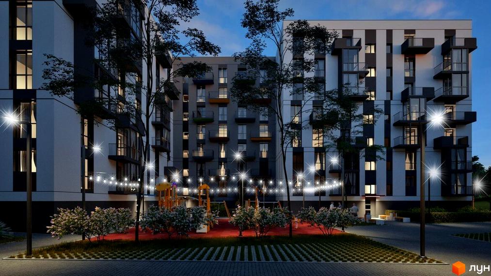 Зображення фасаду багатоповерхового будинку ЖК Проект Панорама з балконами та прибудинковою територією з дитячим майданчиком та ліхтарями.