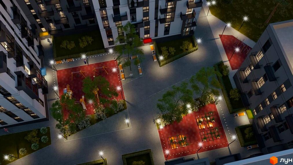Будівельний проєкт Проект Панорама. Прибудинкова територія з дитячим майданчиком та зонами відпочинку в нічний час.