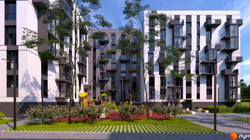 Зовнішній вигляд будинку ЖК Проект Панорама з балконами та вікнами, зелена прибудинкова територія з дитячим майданчиком. Сучасна новобудова для комфортного життя.