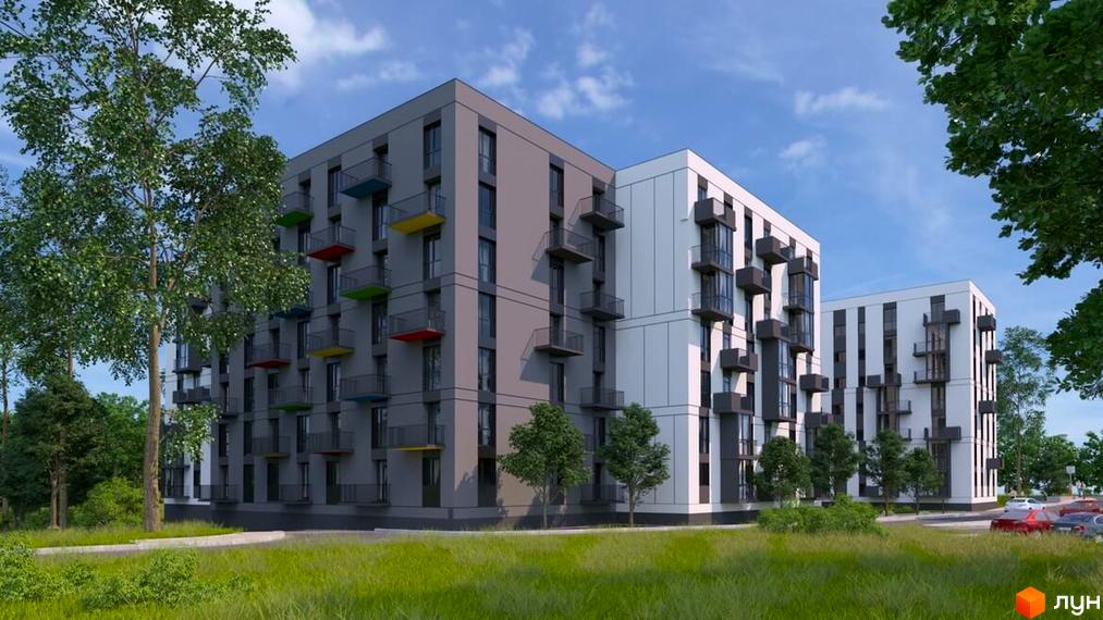 Зовнішній вигляд ЖК Проект Панорама з сірими та білими фасадами, балконами та зеленим подвір'ям. Навколо будівель розташовані дерева та трава.