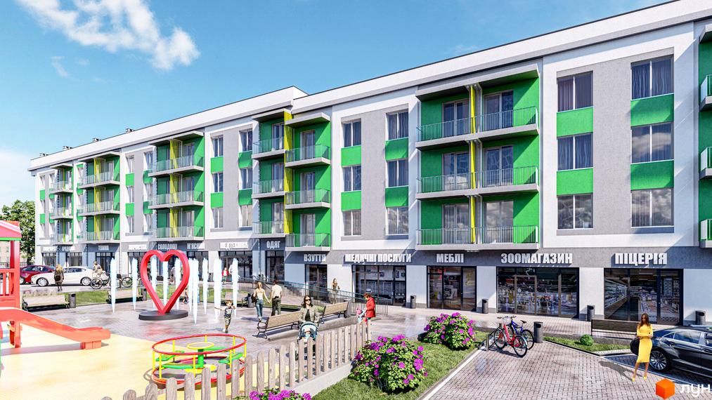 Житловий комплекс Бузковий з яскравим фасадом та балконами, перед яким розташований дитячий майданчик та зона відпочинку з фонтаном.