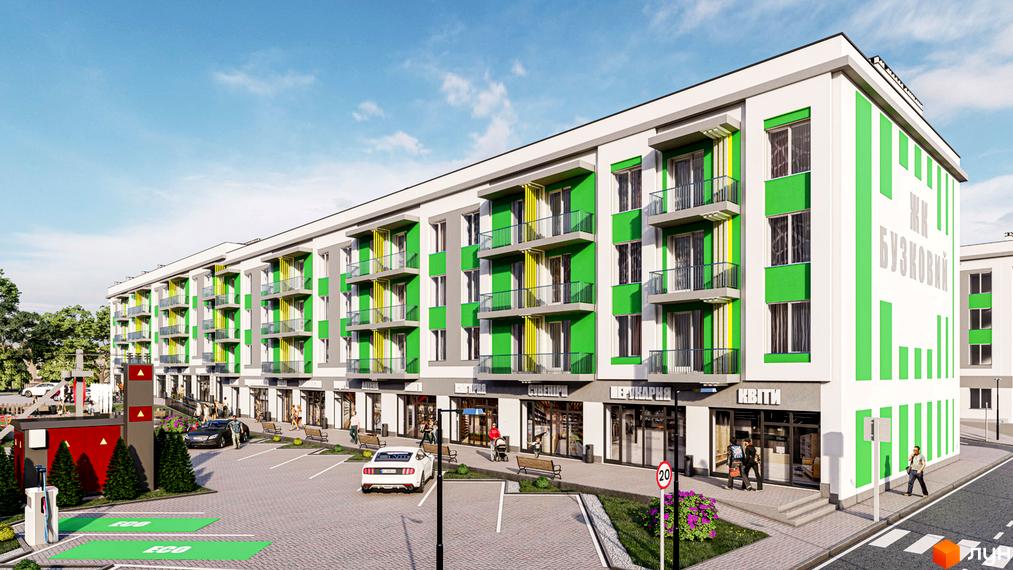 Фасад житлового комплексу ЖК Бузковий з зеленими та жовтими акцентами, балконами та комерційними приміщеннями на першому поверсі. Прибудинкова територія з парковкою та зарядкою для електромобілів.