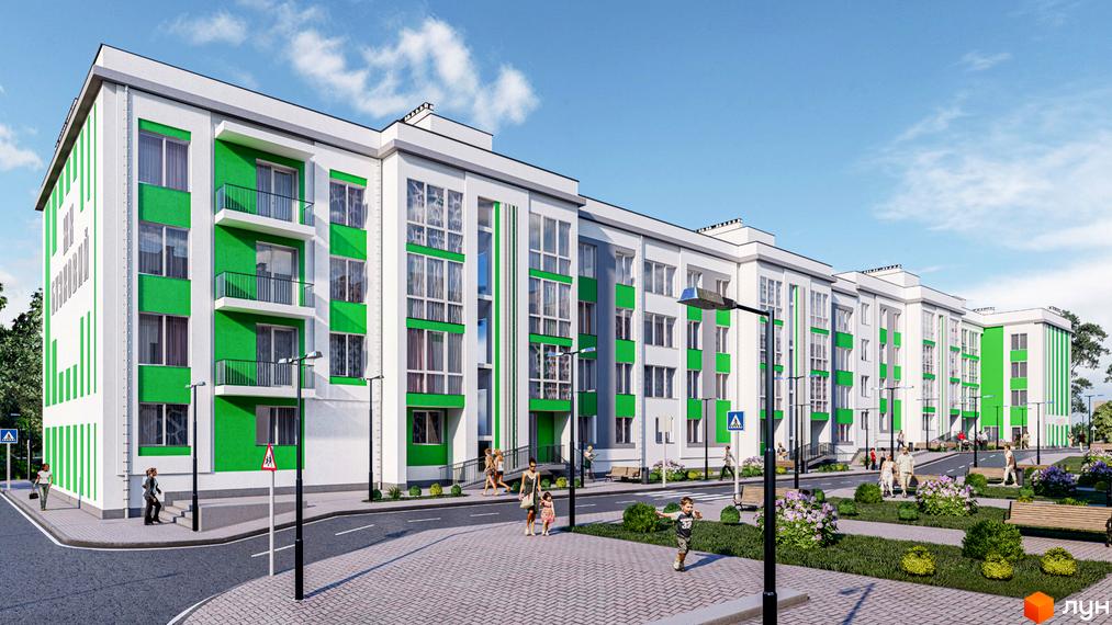 Житловий комплекс Бузковий - це сучасна новобудова з яскравими зеленими фасадами та просторими балконами. На прибудинковій території облаштовані зони відпочинку з лавками та квітами.