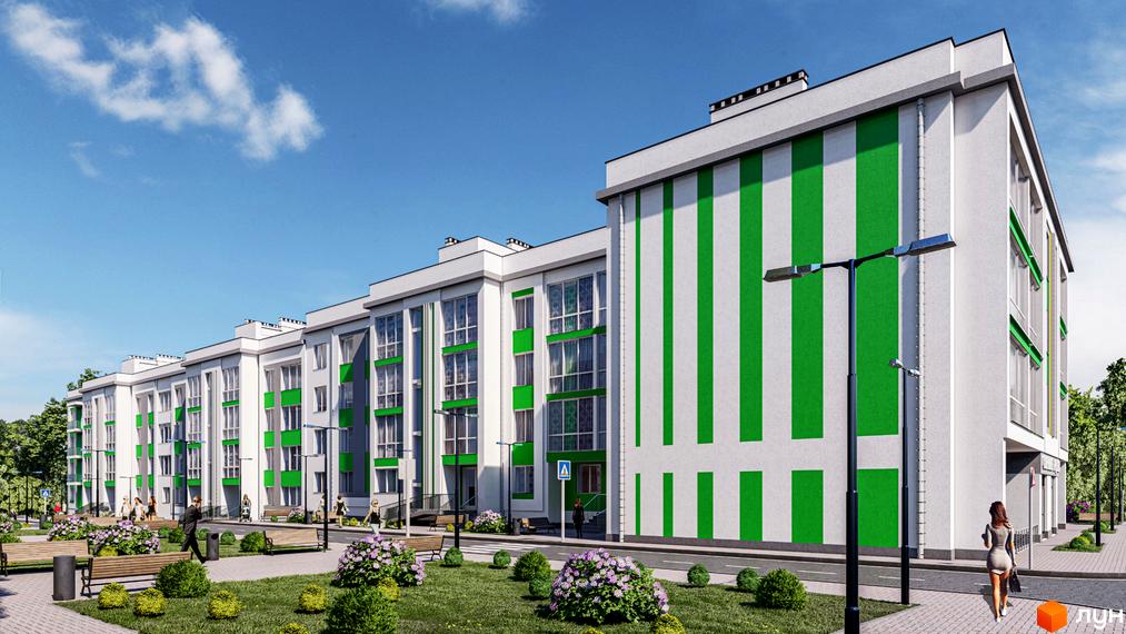 Бузковий житловий комплекс з біло-зеленим фасадом та великими вікнами. Навколо будинку зелена зона з лавками та кущами.