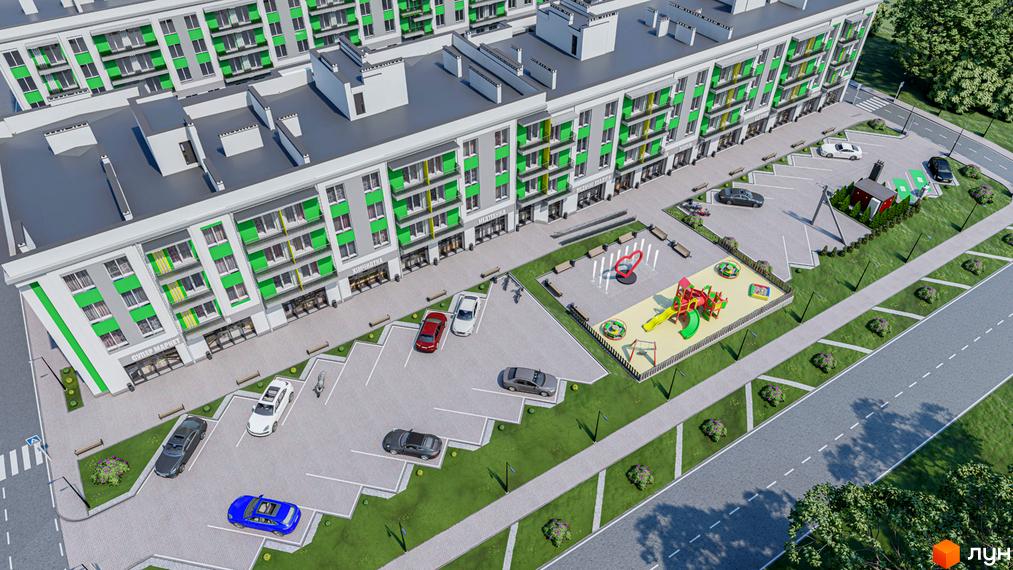 Житловий комплекс Бузковий з яскравими зеленими фасадами та дитячим майданчиком на прибудинковій території. Зовнішній вигляд будинку та прилеглої території.