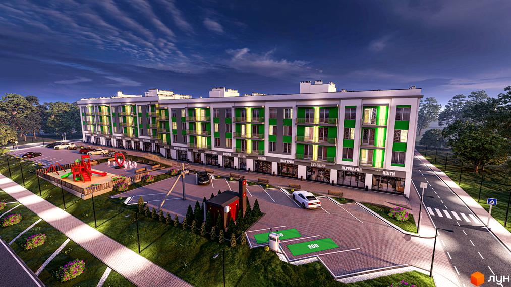 Новобудова ЖК Бузковий з зеленими балконами та парковкою. На прибудинковій території дитячий майданчик та зелені насадження.