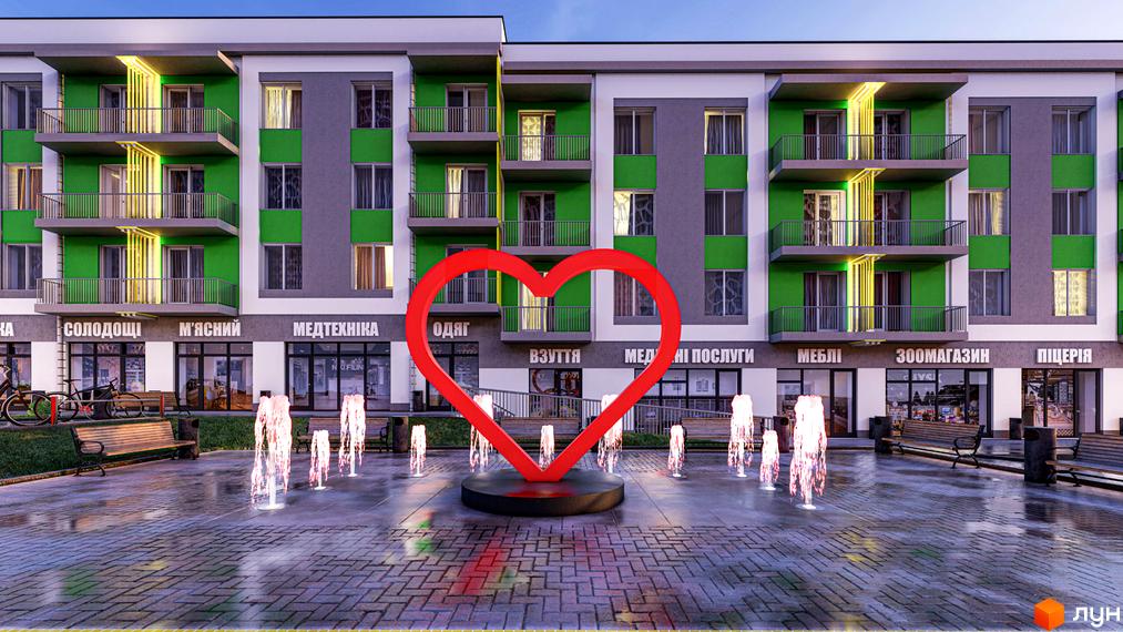 Житловий комплекс Бузковий з яскравим фасадом та балконами, перед яким розташований фонтан та зона відпочинку з лавками.