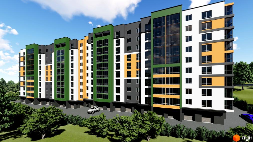 Зовнішній вигляд житлового комплексу на вул. Чернівецька, 71, з яскравими фасадами та панорамними вікнами. Навколо будинку – зелена зона з деревами та припаркованими автомобілями.