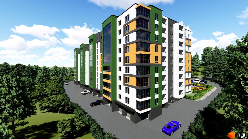 Зовнішній вигляд новобудови на вул. Чернівецька, 71, з зеленими та жовтими елементами фасаду та прибудинковою територією з дитячим майданчиком.