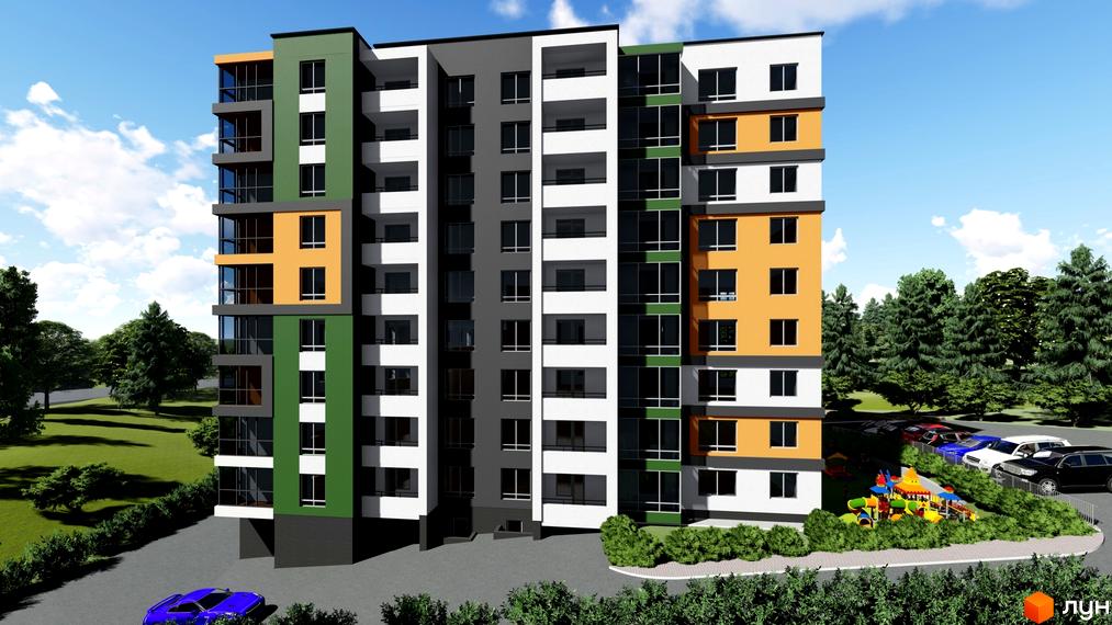 Багатоповерховий будинок з яскравим фасадом, балконами та панорамними вікнами. Поруч дитячий майданчик та парковка з автомобілями.