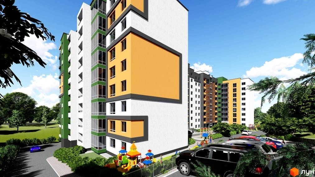 Зовнішній вигляд житлового комплексу на вул. Чернівецька, 71, з яскравими фасадами та дитячим майданчиком. На прибудинковій території розташовані автомобілі та зелені насадження.